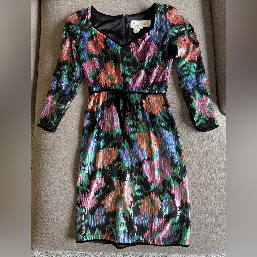 Oscar de la Renta Black Sequin Floral Midi Dress with Multicolor Accents